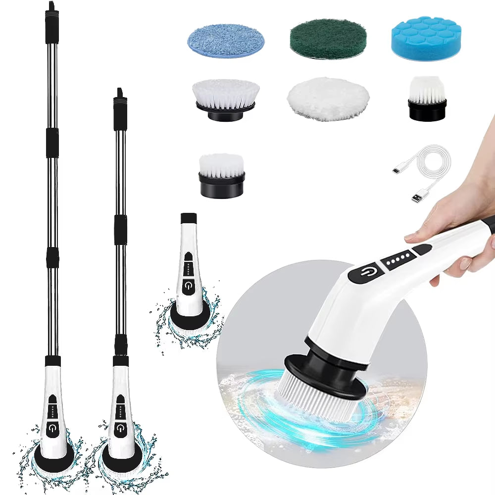 Electric Spin Scrubber with 7 Replaceable Brush Heads,Cordless Rechargeable Cleaning Brush with Adjustable Extension Handle,For Bathroom,Kitchen,Tile,Shower Cleaning Set
